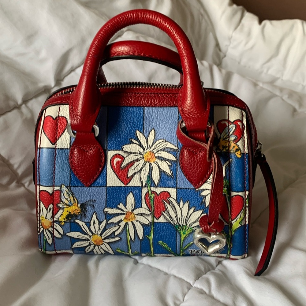 Brighton Bee Happy Mini Satchel Bag Red White Blue Leather Flower Hearts